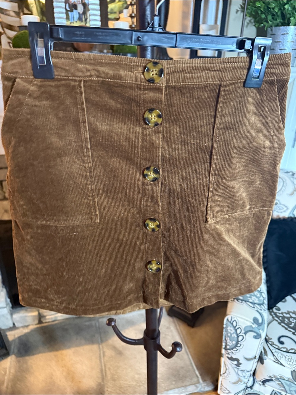 Brown Corduroy Button-Front Mini Skirt
